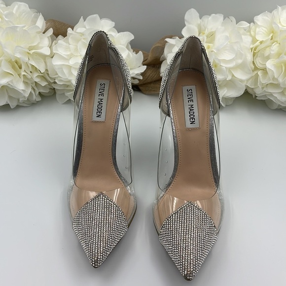 STEVE Madden clear and Rhinestones 4” heel shoes. Size 8.5 - Picture 2 of 10